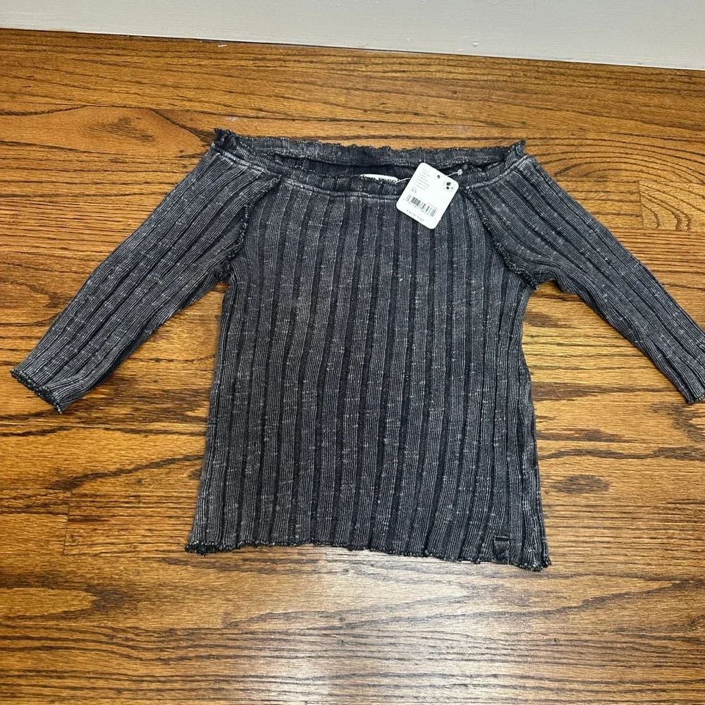 Free People We The Free Meant To Be Tee Black Ribbed Lettuce Trim Top XS NWT
